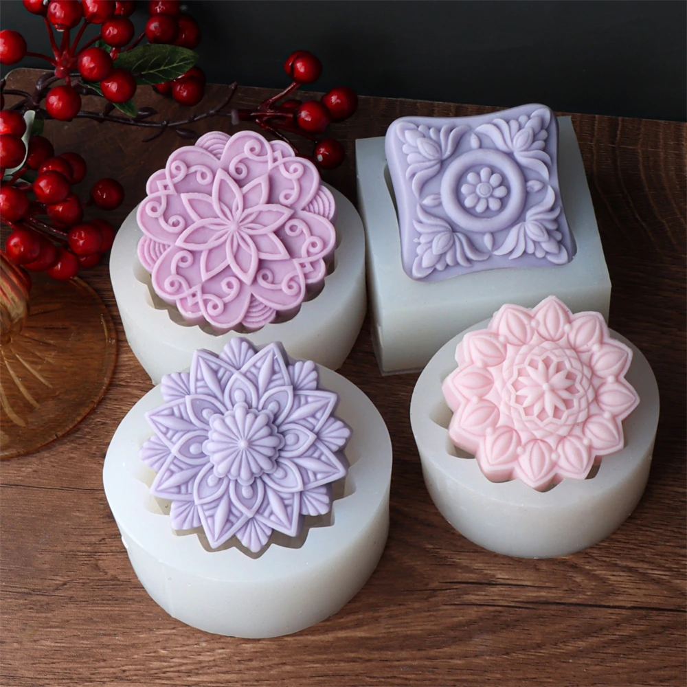 3D Circular Flower Soap Silicone Mold Classic Patterns Round Flower Soap Candle Resin Making Tool DIY Handmade Gift