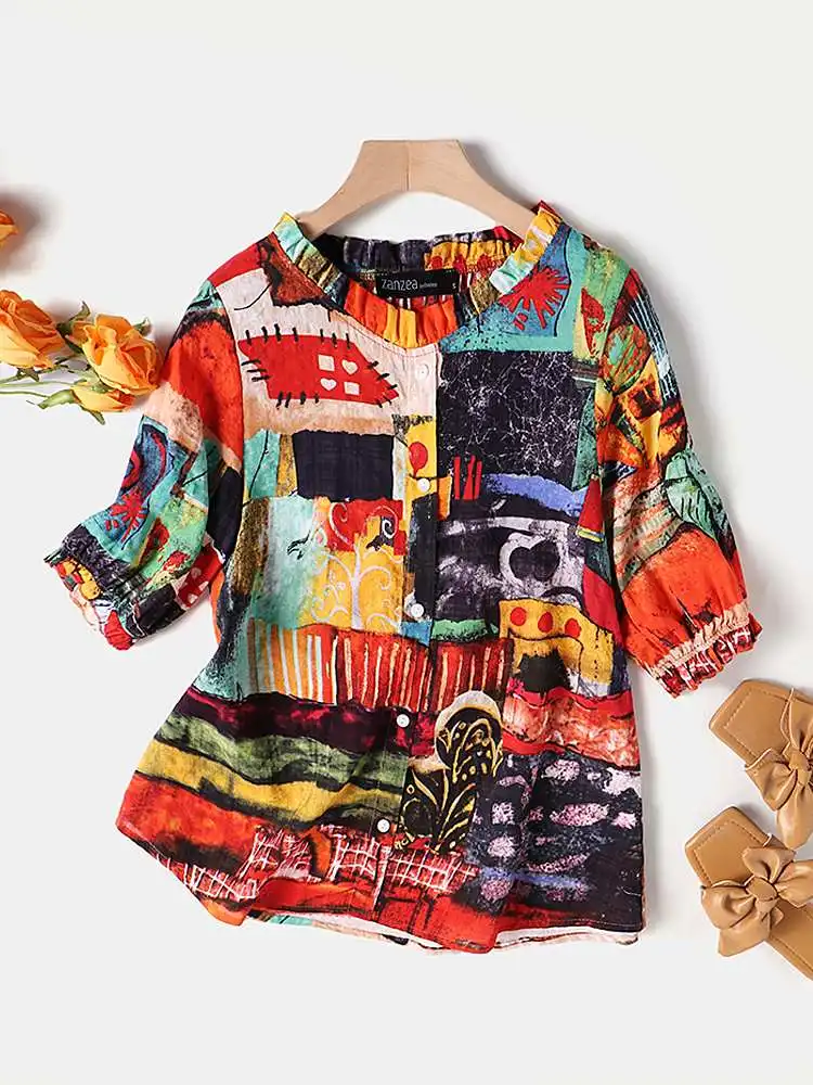 ZANZEA 2024 Women Blouses Fashion Floral Printed Tops Shirt Casual O-Neck Three Quarter Sleeve Blusas Tunic Female Streetwear