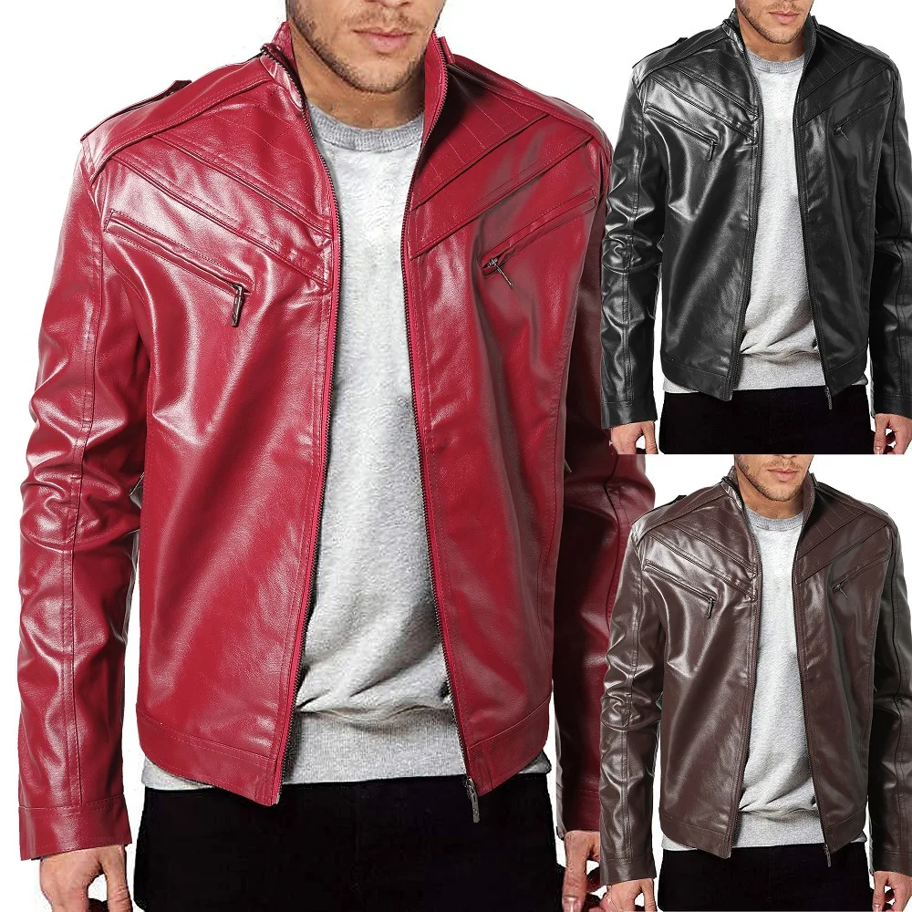 

Men's Casual Biker Leather Jaet PU Large Size Leather Coat Long Sve Stand Collar Printed Side S ket Outerwear
