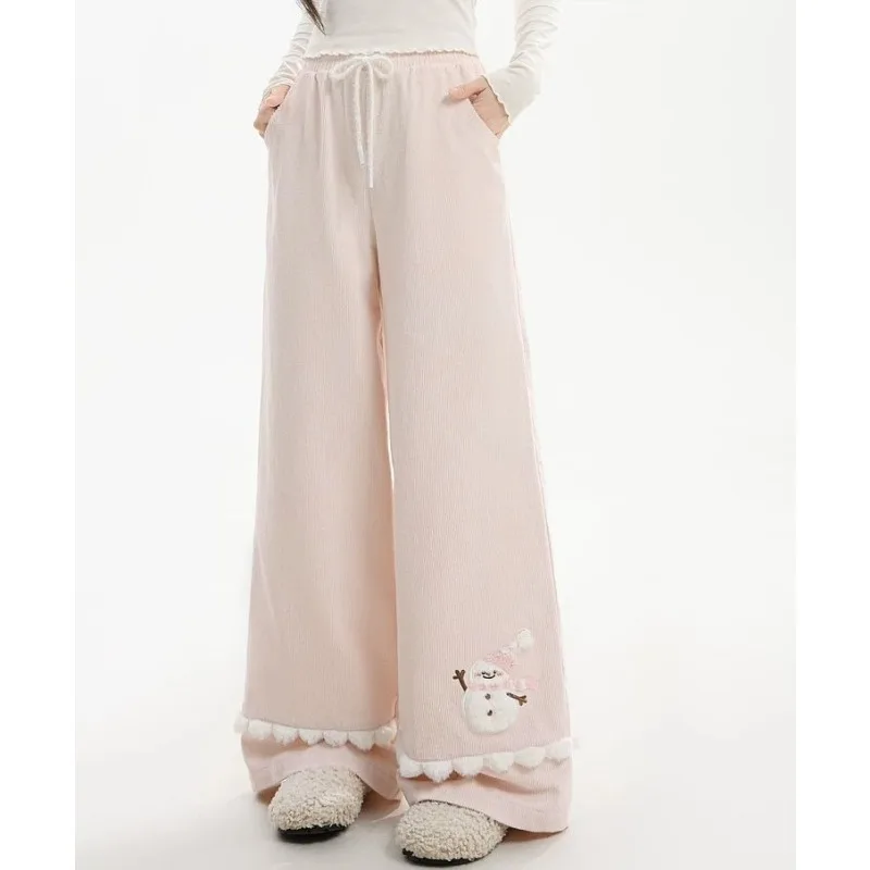 Japanese Kawaii Pants Women Cartoon Snowman Pattern Casual Trousers Sweet Aesthetic Subculture Autumn Sweat Pants Christmas