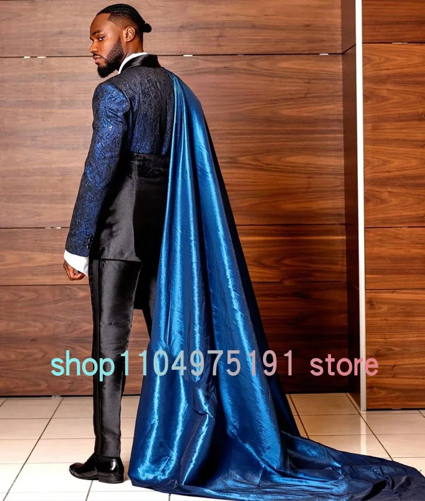 Luxury Crystal Men's Royal Satin Suits Jacket Pant with long Cape Men's Stage Costume High Quality Wedding Party Dress