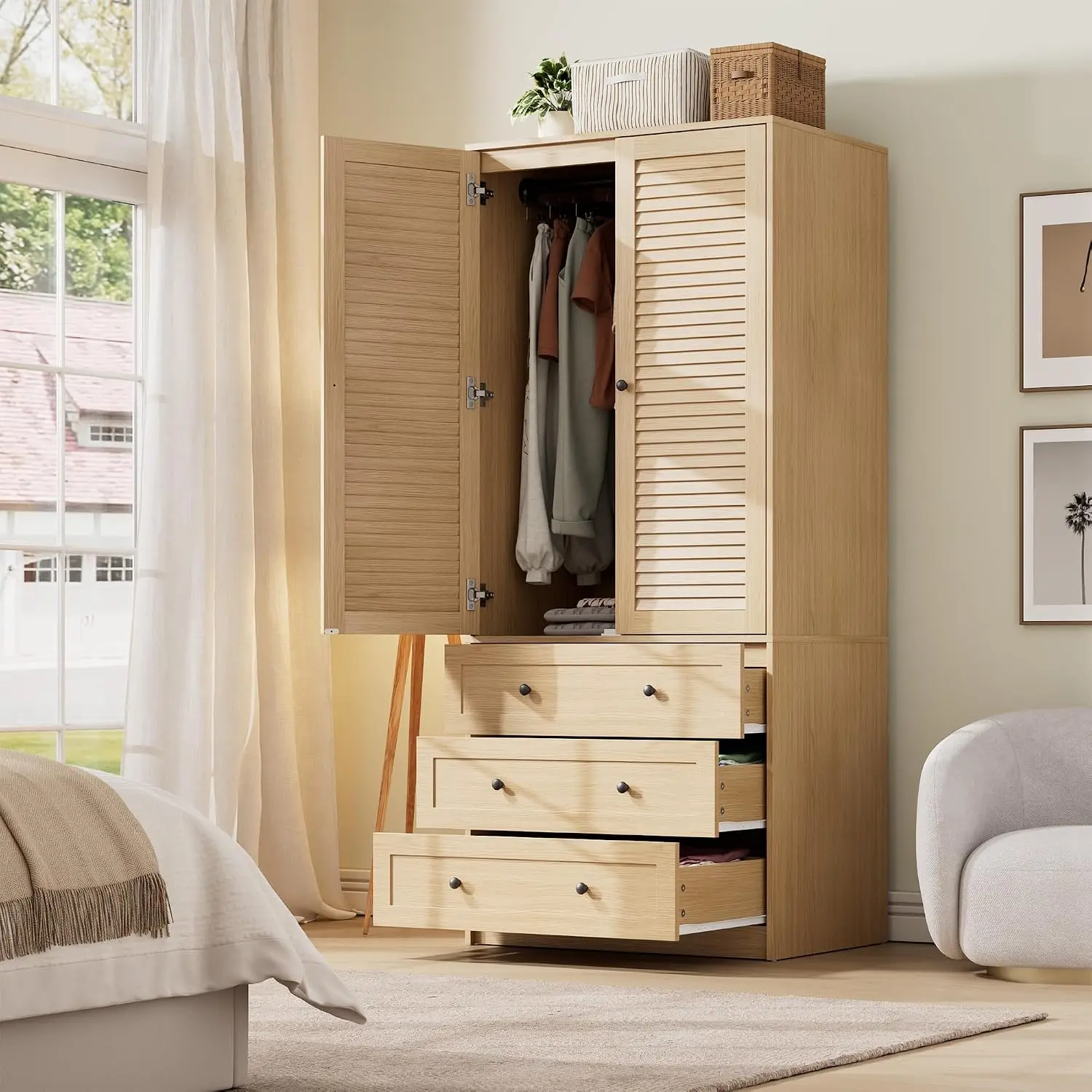 Wardrobe Closet with Drawers, Hanging Rod, Storage Shelf, Large Capacity Wooden Armoire, Freestanding Bedroom Clothes Cabinet