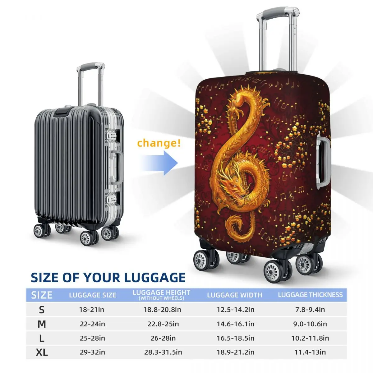 Custom Treble Clef Music Dragon Luggage Cover Protector Fashion Travel Suitcase Protective Cover for 18-32 Inch