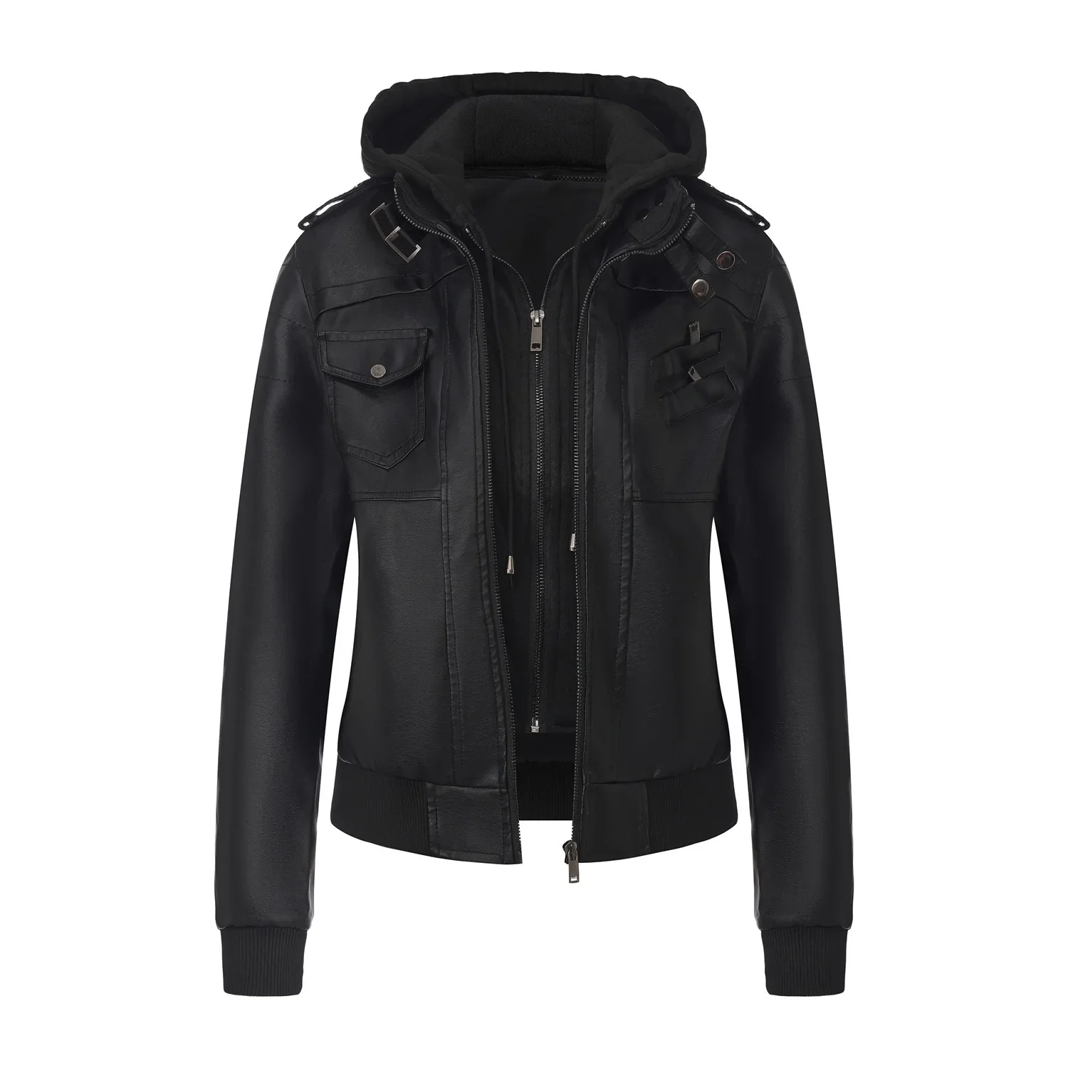 New Women's Women's Removable Hooded Leather Jacket Zipper PU Jacket Large Size Fashion Jacket