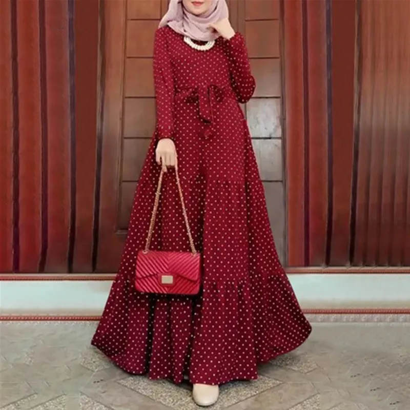 Popular Polka Dot Ramadan Dress Kimono Clothes For Women Muslim Dubai Saudi Abaya Long Sleeve Evening Party Robe Femme Wear