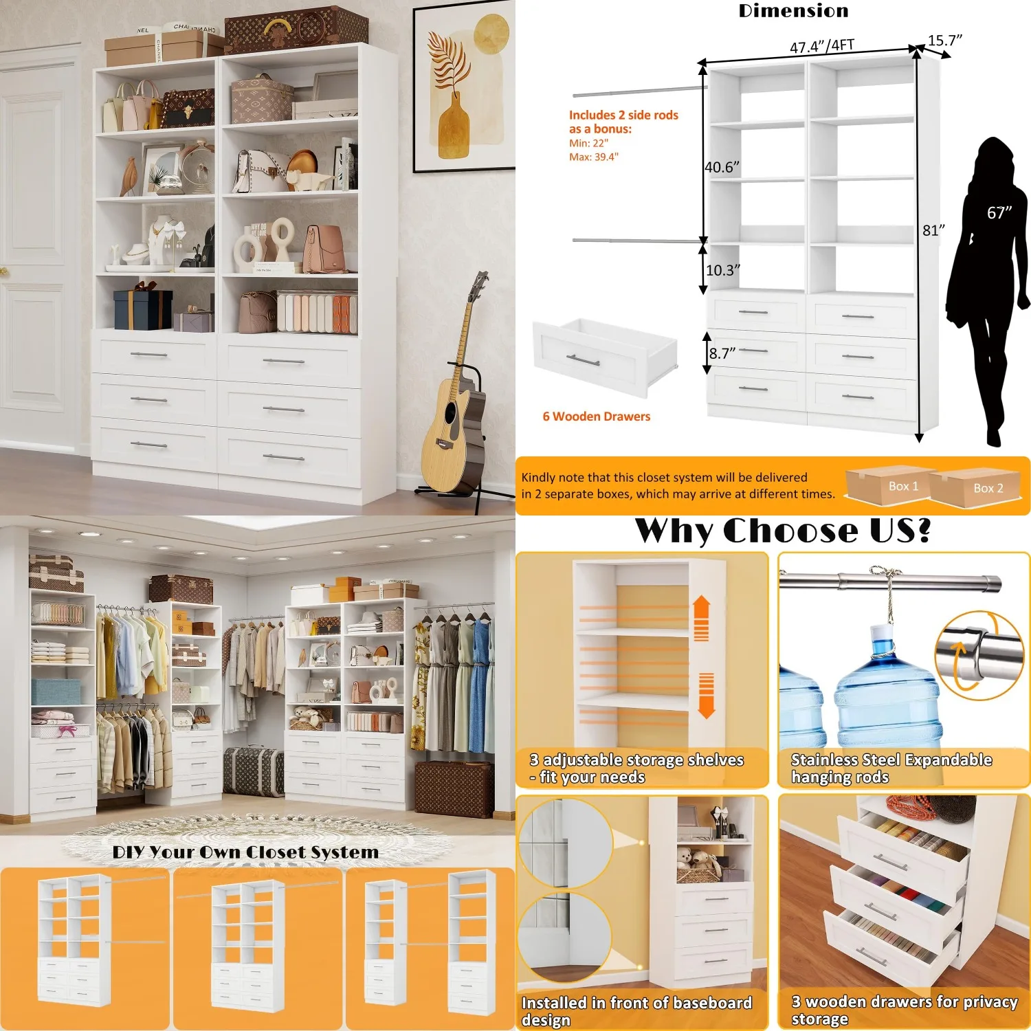 

4FT Wood Closet Organizer System with Drawers & Hanging Rods Small Walk in Corner Storage, Customized