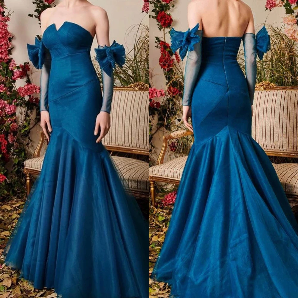 

Fashion High Quality Strapless Mermaid Floor Length Evening Dresses Formal Ocassion Gown Bowknot Satin robe de soirée femmes