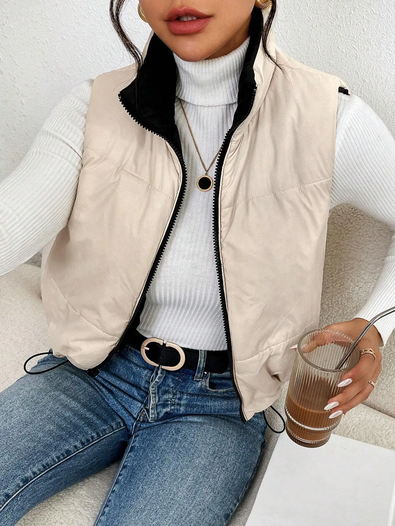 سترة نسائية مبطنة بسحاب أمامي، سترة شتوية دافئة بدون أكمام بلون سادة للارتداء الكاجوال