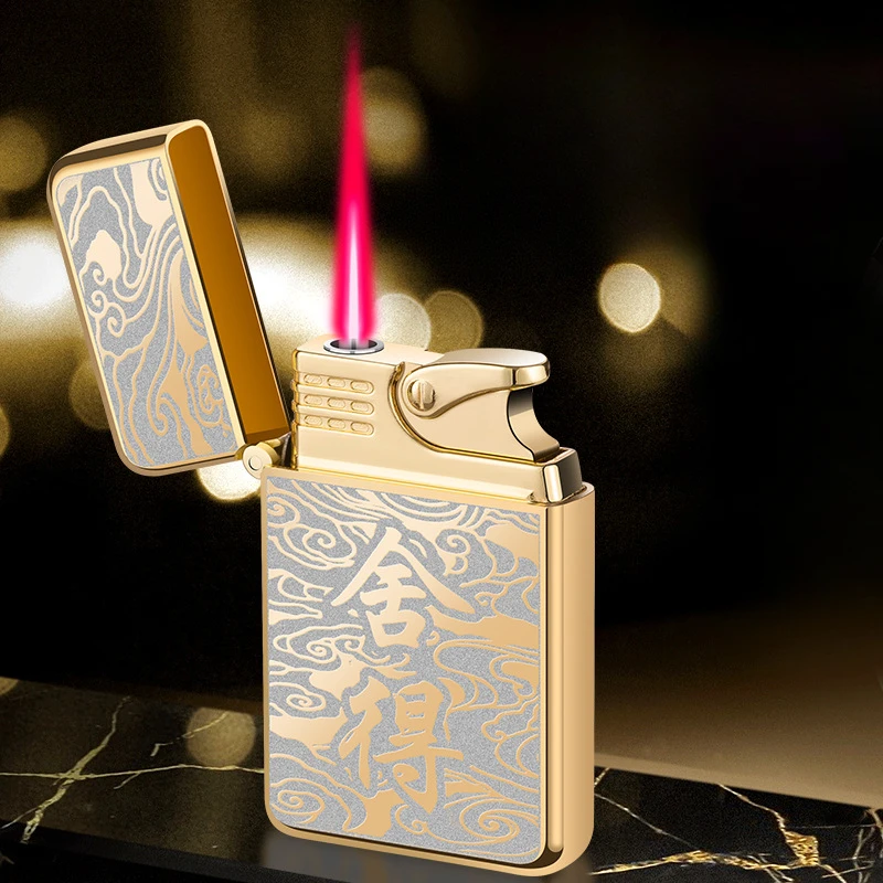 Ultra-thin Exquisite Pattern Red Flame Gas Lighter Metal Material Windproof Direct Injection Red Flame Cigarette Lighter