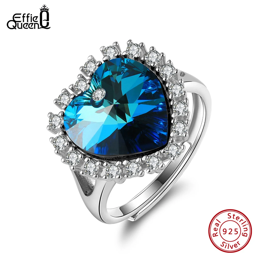 Effie Queen Open Rings 925 Sterling Silver Scuba Blue Shining Crystal With 4A Cubic Zirconia Full Paved Design Adjustable SWR04