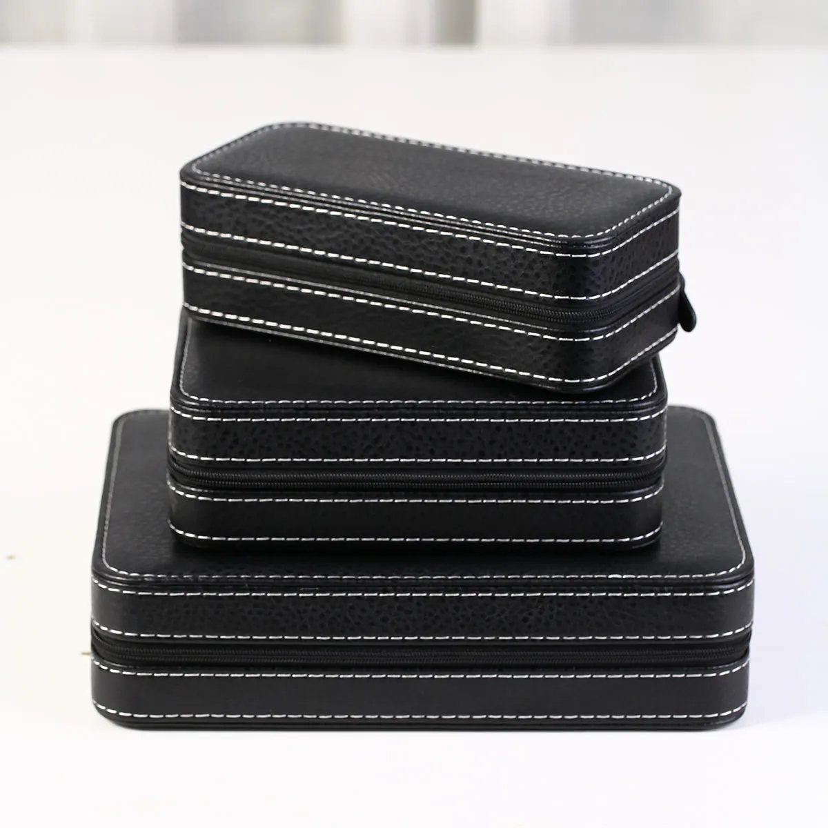 قطعة واحدة، صندوق تخزين الساعات العتيقة، صندوق ساعة عالي الجودة من جلد البولي يوريثان، صندوق بسحاب، صندوق مجوهرات محمول، صندوق عرض مدمج #4