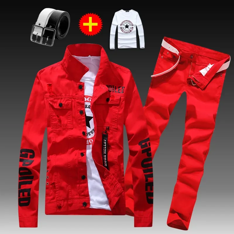 Men\'s Slim Fit Denim Jacket Pants 2pcs Set Long Sleeve Coats Letters Printed Casual Large Size Black White Red Boys Trousers