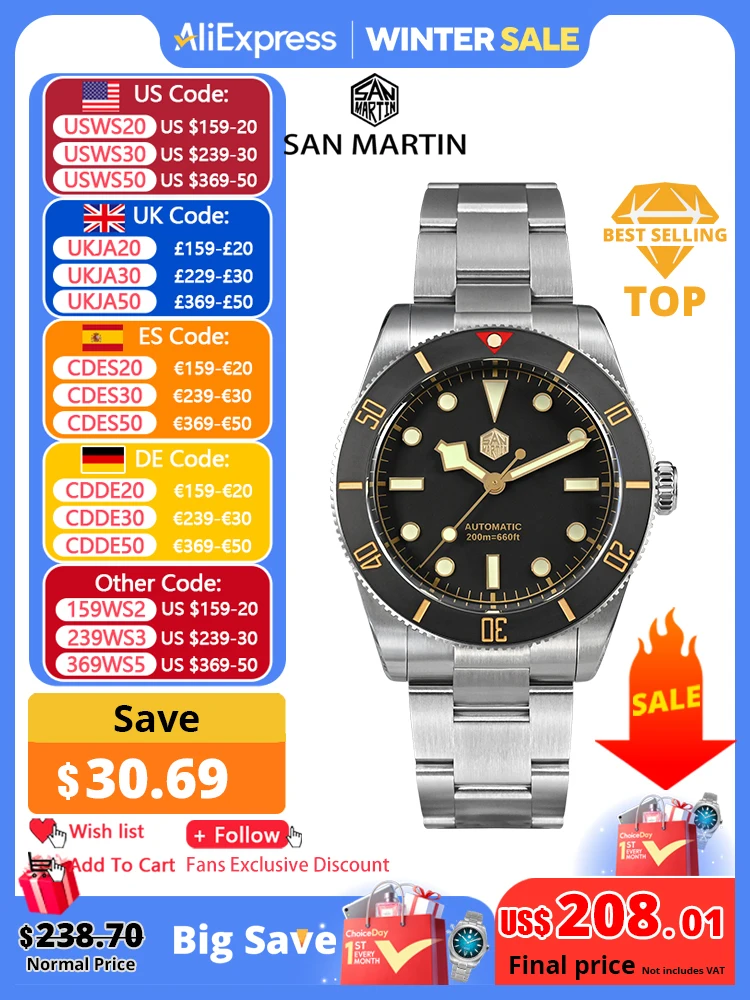 San Martin New 37mm BB54 Vintage Diver Watch NH35 Automatic Mechanical Men Wristwatches Sapphire Luminous Waterproof 200m SN0138