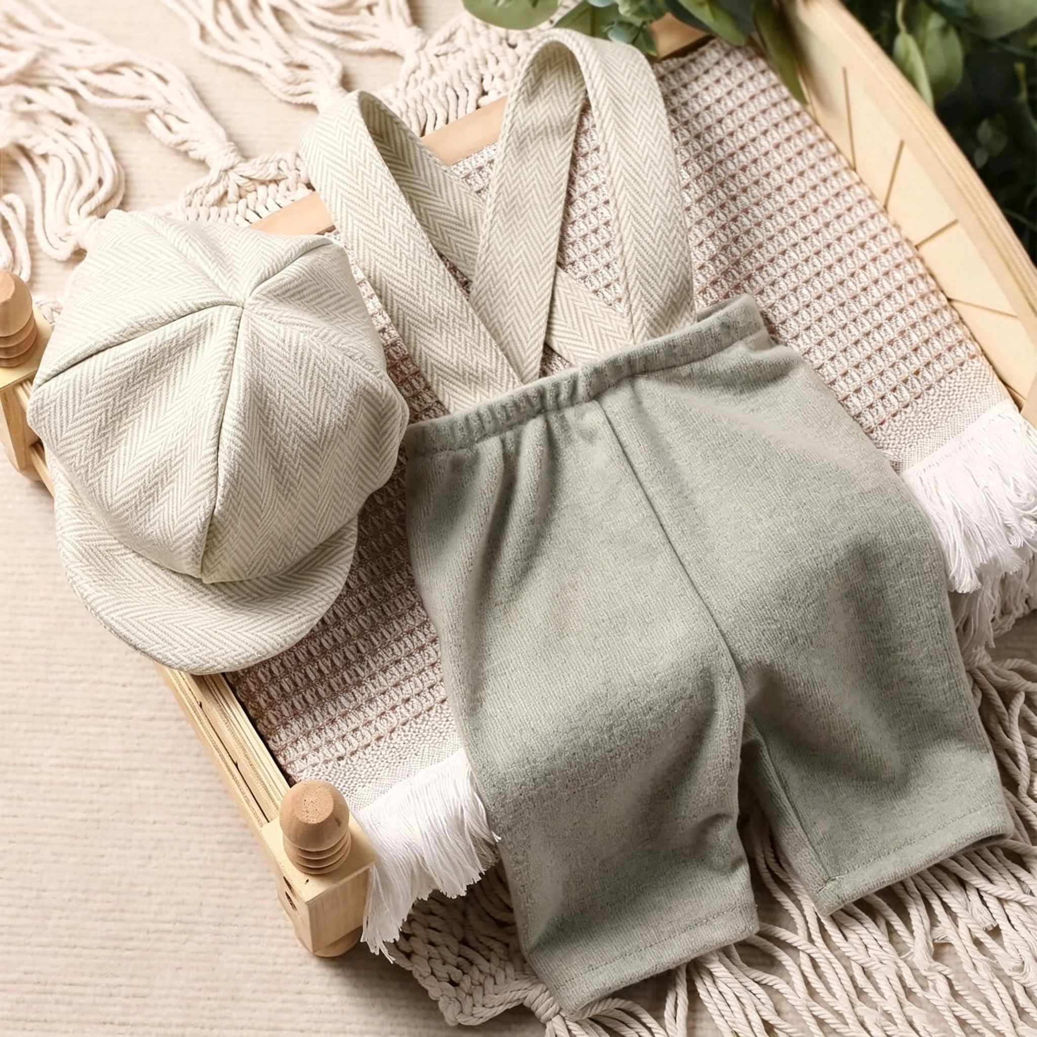 Ylsteed Conjunto de fotografía para recién nacido, traje de caballero con gorra de estilón, pelele de punto suave, accesorios para sesión de fotos de bebé de 0 a 3 meses