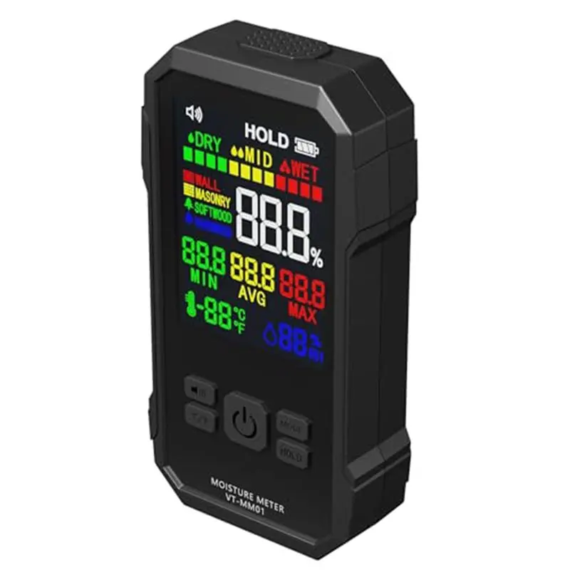 ABVG-Pinless Moisture Meter Color Display 0.1% Non-Invasive Wood Drywall Concrete Cement Paper Detector, 19Mm Depth