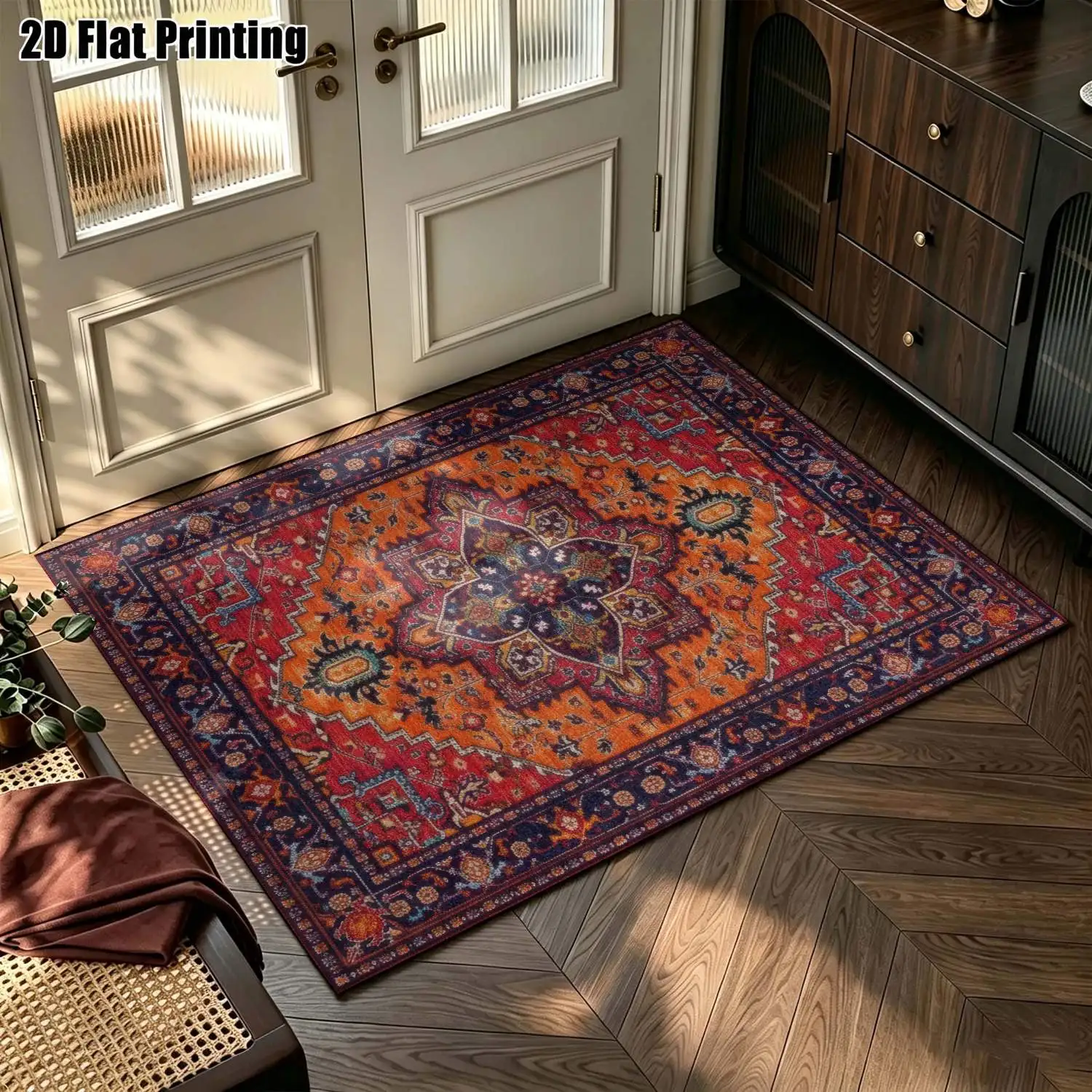 1Pc 2D Printed Retro Red-Orange Geometric Carpet, Bohemian/Vintage European Style Carpet for Home Decor, Multi-Size, Machine Washable, Suitable for Entrance/Dining/Foyer/Living Room/Bedroom