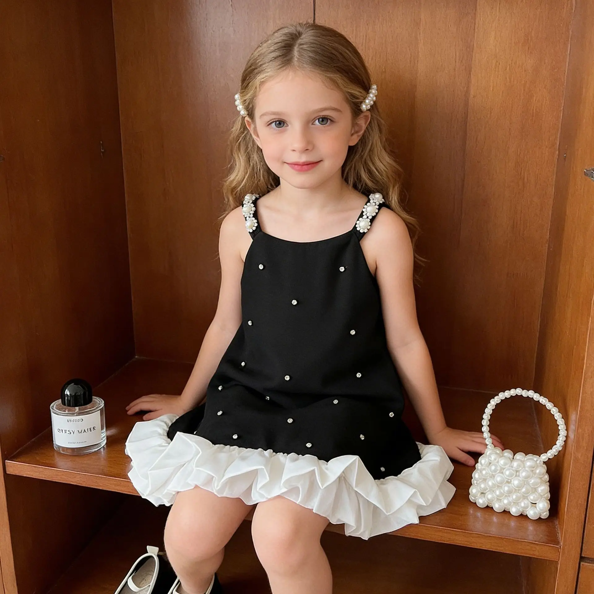 

2026 Summer New Korean Version Girls' Black Dress Cute Princess Fashion and Beautiful Kids Skirt New