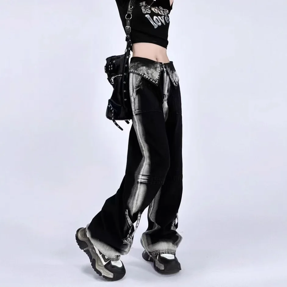 Y2Kコントラストカラージーンズ レディース ハイウエスト ファッション ワイドレッグパンツ 2025新作 カジュアル ストレートデニムパンツ