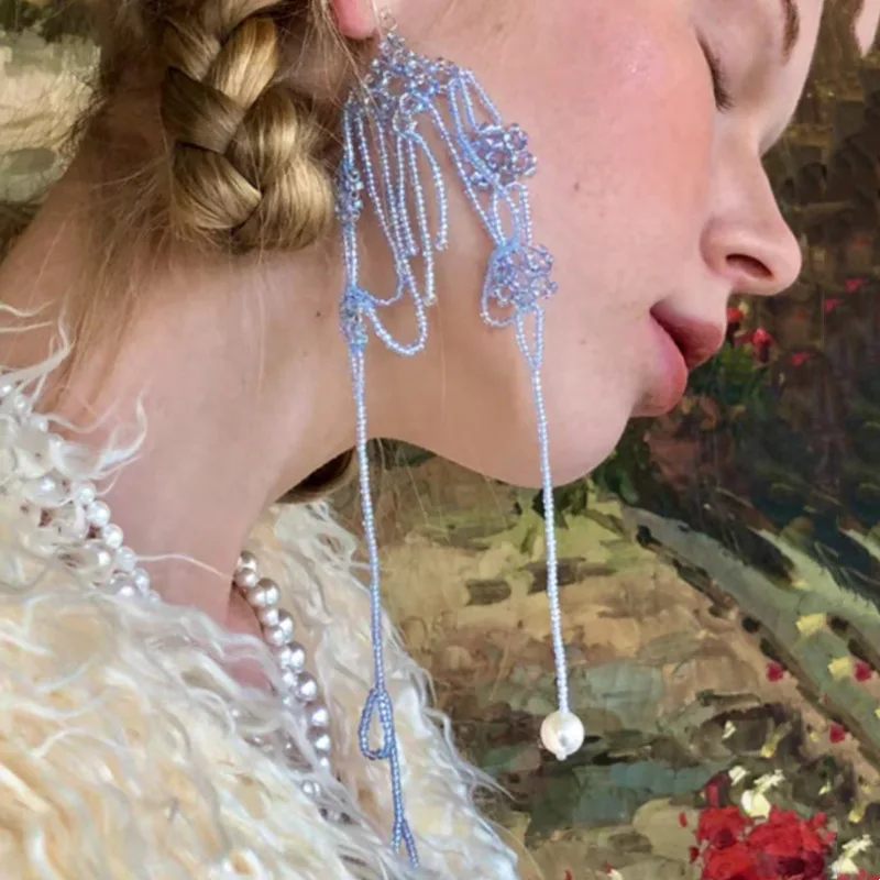 

1pc Beautiful Blue Crystal Beaded Long Tassel Earless Earclip Earrings for Women's Wedding Party Jewelry Gifts
