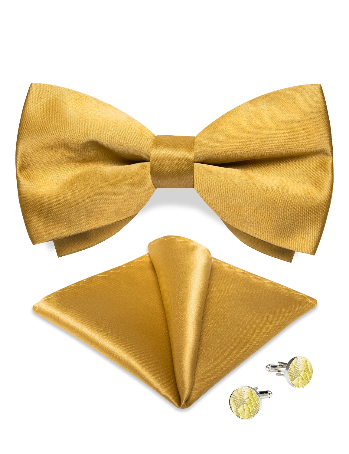Klassische vorgebundene Fliege für Herren, Accessoire, goldfarbene Herrenfliege, Einstecktuch, Manschettenknöpfe, Set, Hochzeit, Business, Schmetterlingsknoten, Geschenke – Detail 4