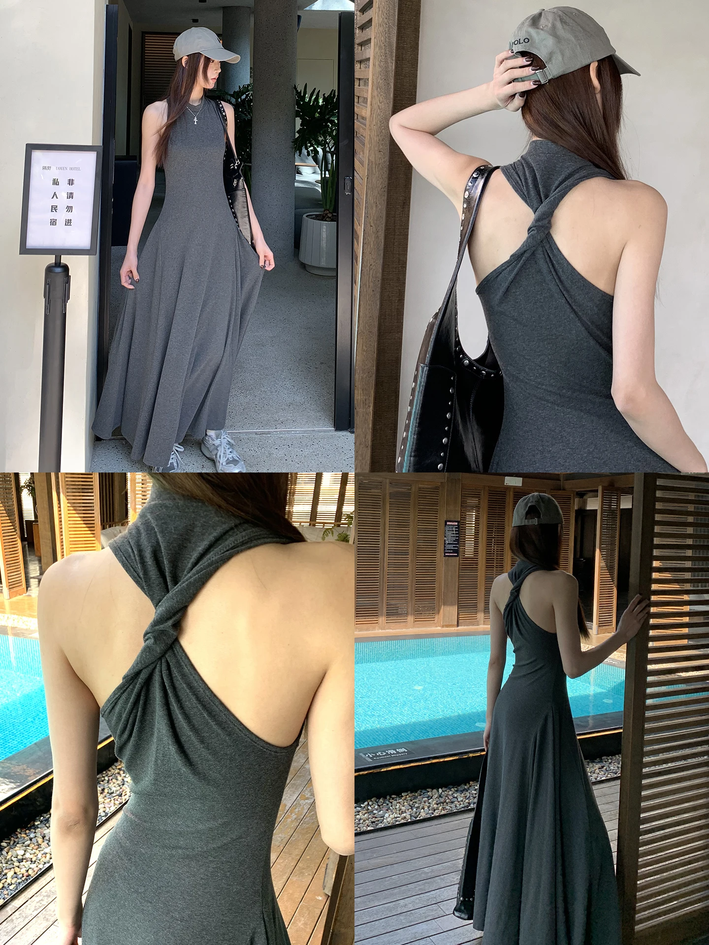 

Gray Long Sleeveless Women's Dress 2026 New Summer High Waist A-Line Skirt Slim Fit round Neck Hanging Neckline Commute Style