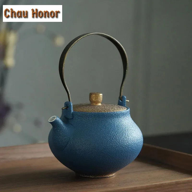 280ml Handmade Azure Color Ceramic Loop-handled Teapot Retro Japanese Style Kung Fu Tea Master Pots Personal Cups Gift Packaging