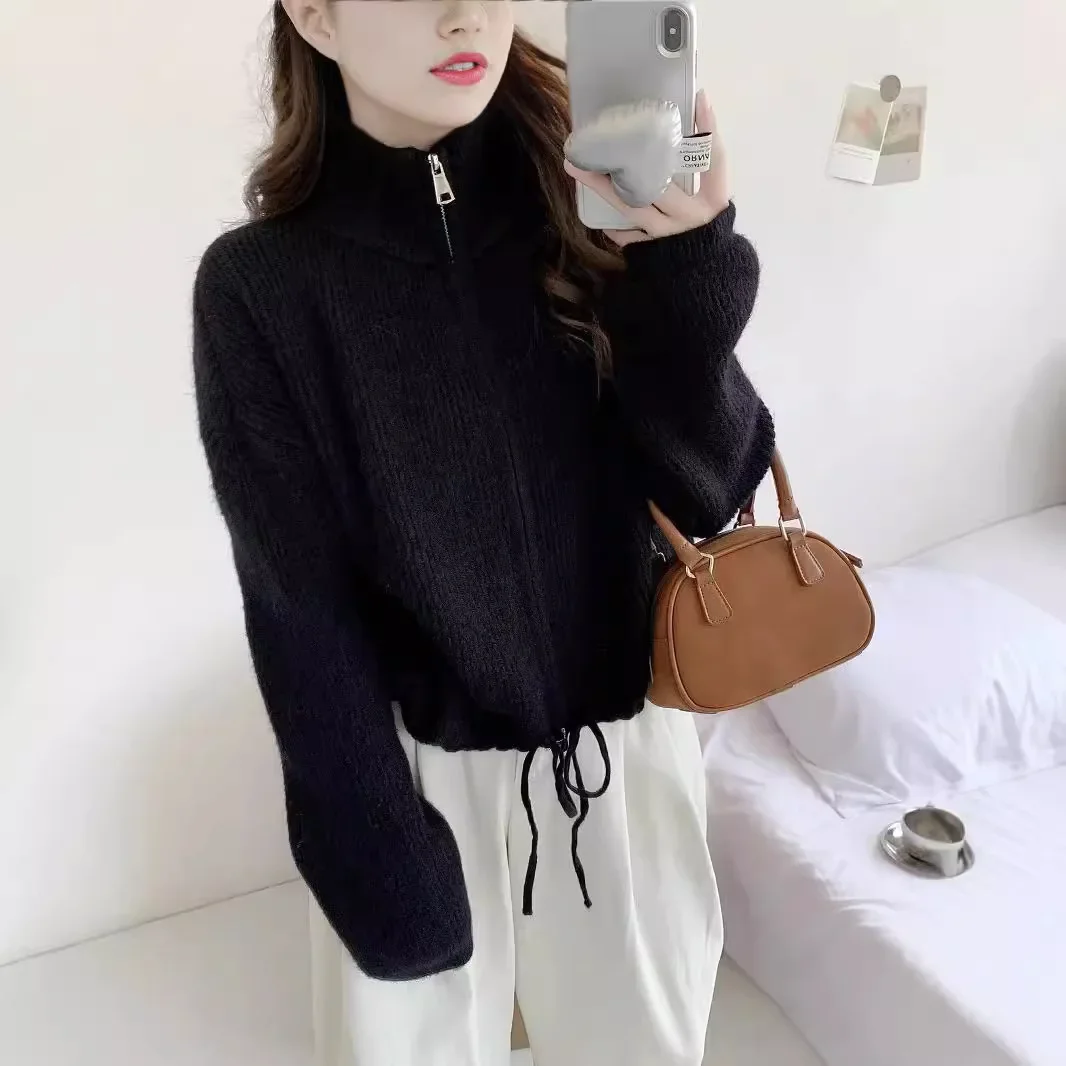 2024 Autumn Winter New Sweater Female Korean Double Zipper Design Sense of Knitted Cardigan Fashion Soft Waxy Drawstring Coat