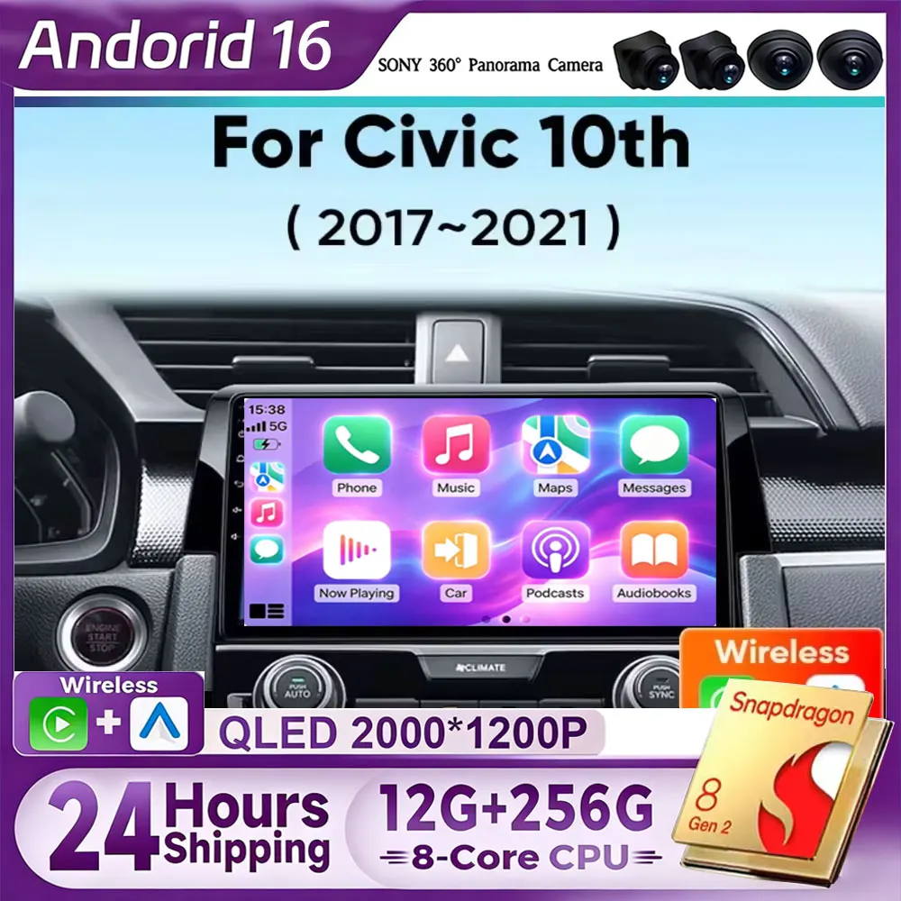 Android 16 Car Stereo Radio for Honda Civic 10th 10Gen 2015 - 2021 Multimedia Player Wireless CarPlay Android Auto WiFi 4G DSP