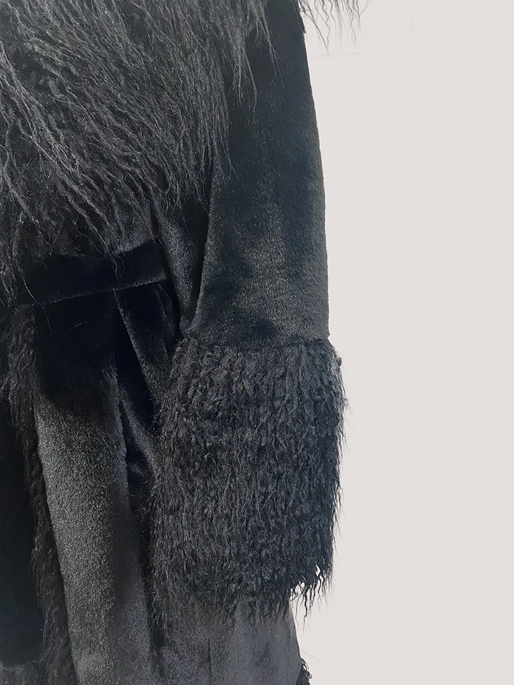 Nerazzurri Winter Long Soft Fluffy Thick Warm Faux Fur Coat Women with Fake Mongolia Sheep Fur Trim Elegant Furry Overcoat 2024