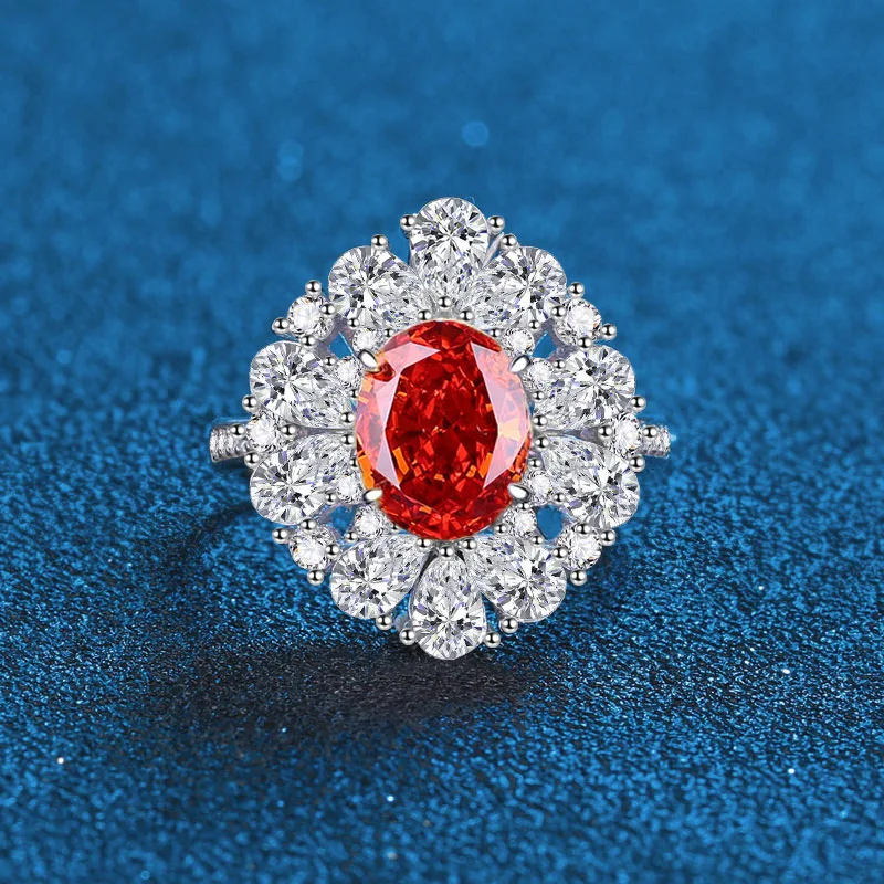 

Luxury Solid Platinum PT950 Women's Ice Flower Cut Yellow Padma Red Moissanite Diamond Ring