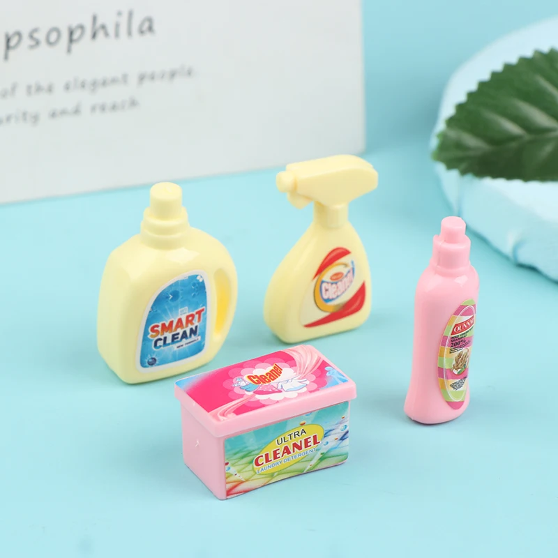 4Pcs/Set 1:12 Dollhouse Miniature Cleaning Set Laundry Detergent Soap Household Washing Kit Pretend Play Doll House Accessories