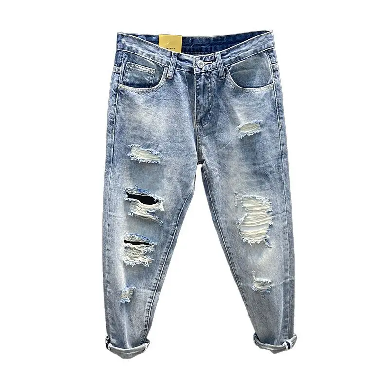 Summer 2023 New Beggar Pants Men's Loose Hole Jeans Men's Harem Pants Men's Thin Straight Tube Pants ripped jeans