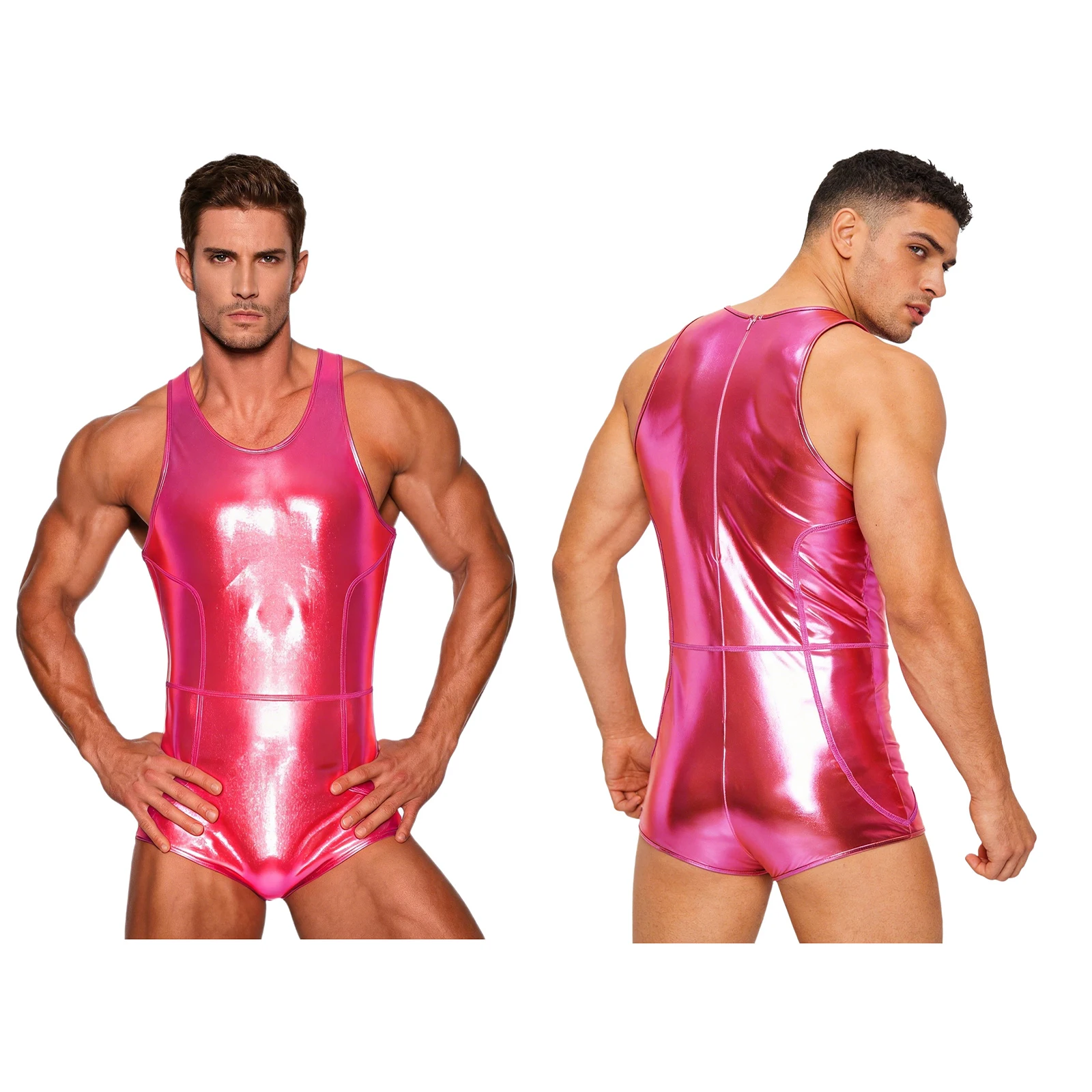 Men Metallic Shiny One-piece Swimwear Sleeveless Zipper Bodysuit Bathing Suit Rave Party Clubwear Beach Pool Swimsuit Beachwear