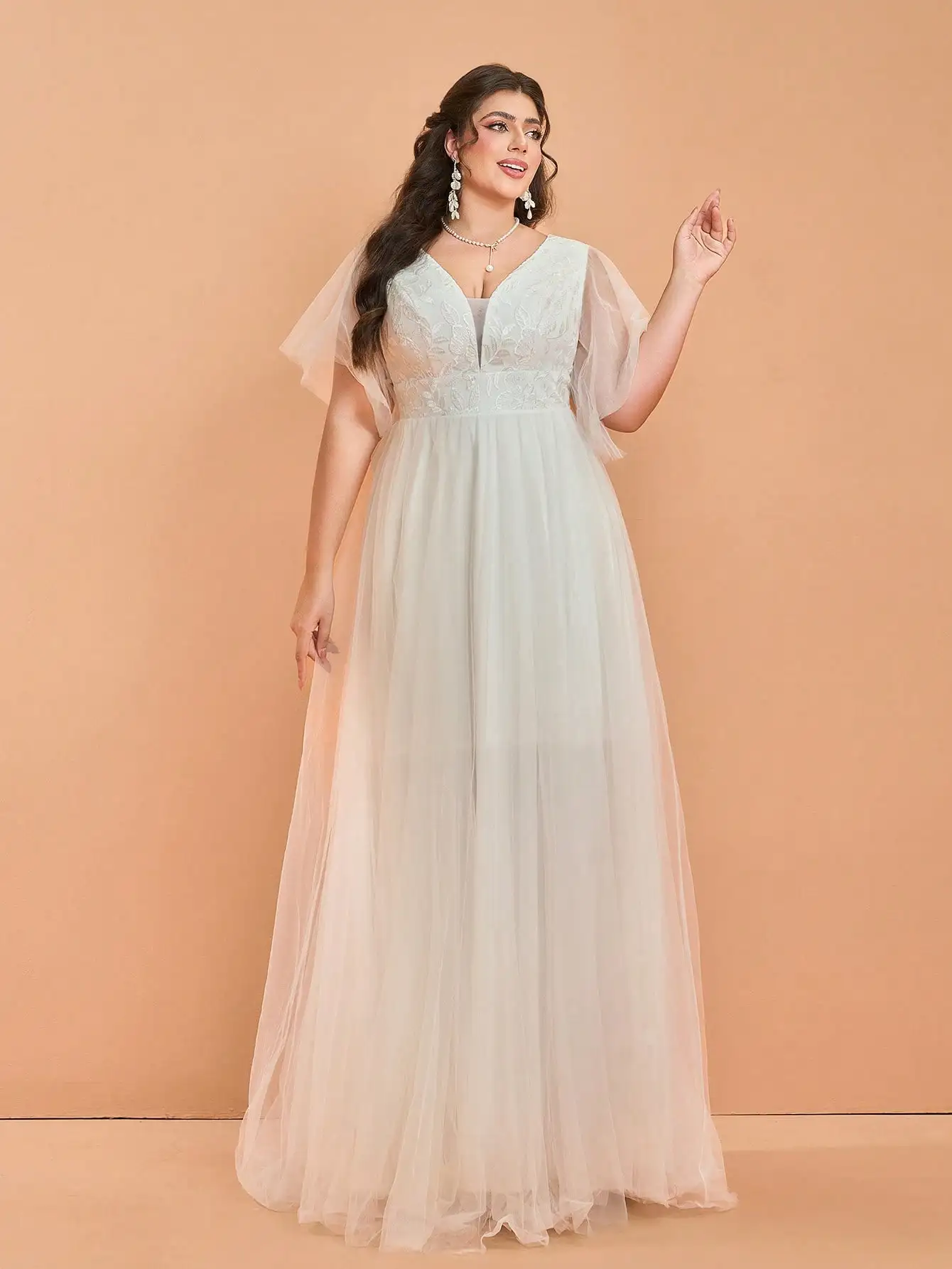 MgiacyV Embroidered Lace Sheer Dolman Sleeve Net Skirt with Long Train Wedding Dress