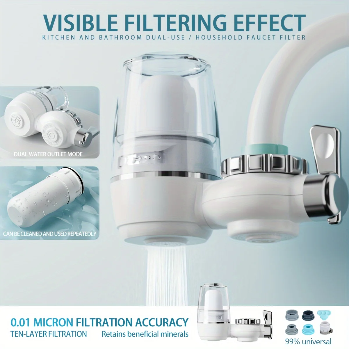 Manual Switch Faucet Water Purifier with 0.1 Micron Ceramic Filter Easy to Install Removable Washable for Home Kitchen Use