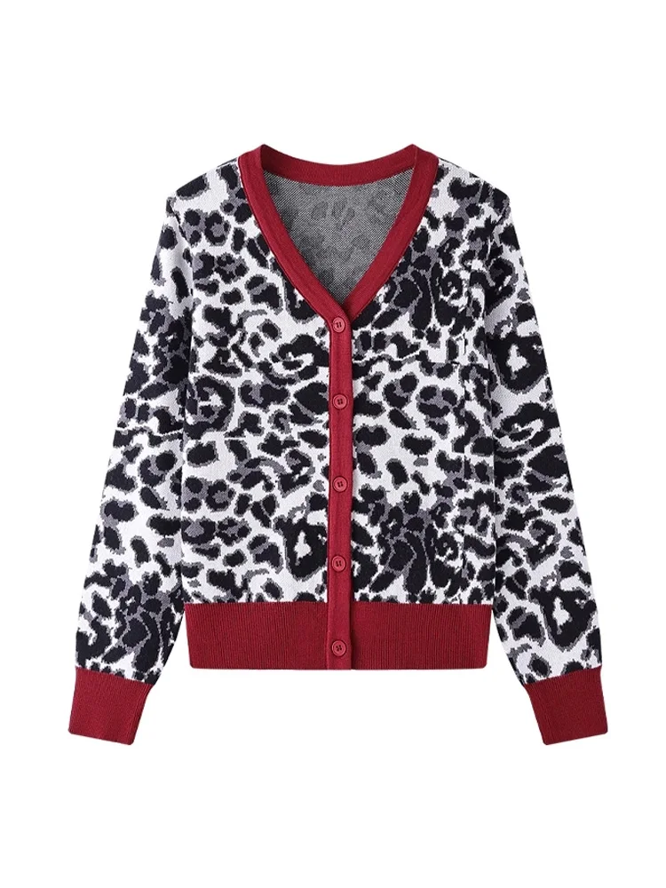 Leopard Jacquard De Malha Cardigan Sweater Mulheres New Outono V-Neck Manga Longa Único Breasted Contraste Cor Solta Malhas Tops