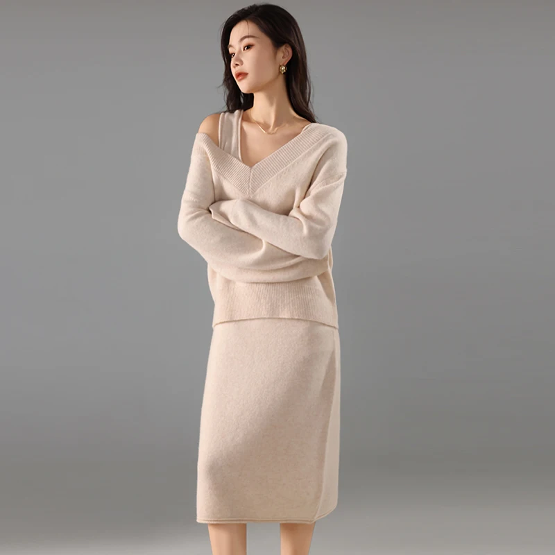 2024 New Cashmere Knit Set Women's V-neck Loose Large Size Pullover Sweater Medium Long Strap Dress 100% Pure Wool Two Piece Set