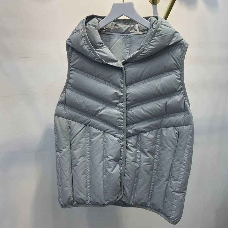 Colete grande com capuz feminino, ultra leve, colete branco de pato, parkas quentes para senhoras, tanque curto sem mangas, outono, inverno, novo