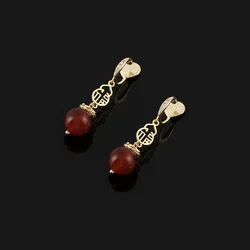 New Chinese Style Lucky Red Stone Earrings For Women Cheongsam Mosquito Repellent Incense Plate Ear Clip Accessories Gift