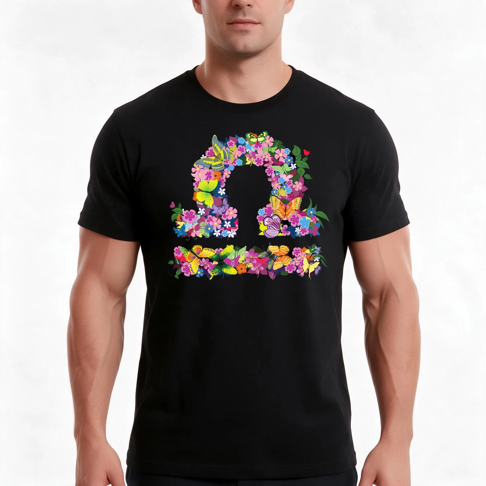Libra Colourful Flowers And Butterfly Zodiac Star Sign T-Shirt, Summer Casual Cotton Tee, Oversized Streetwear Tops, 100% Cotton