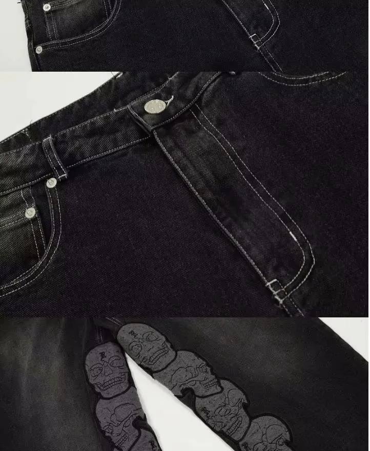 2025 New Embroidered Skull Denim Zipper Slim Fit Straight PANT Jeans Cotton Denim Pants Casual Jeans Size S-XL #N600