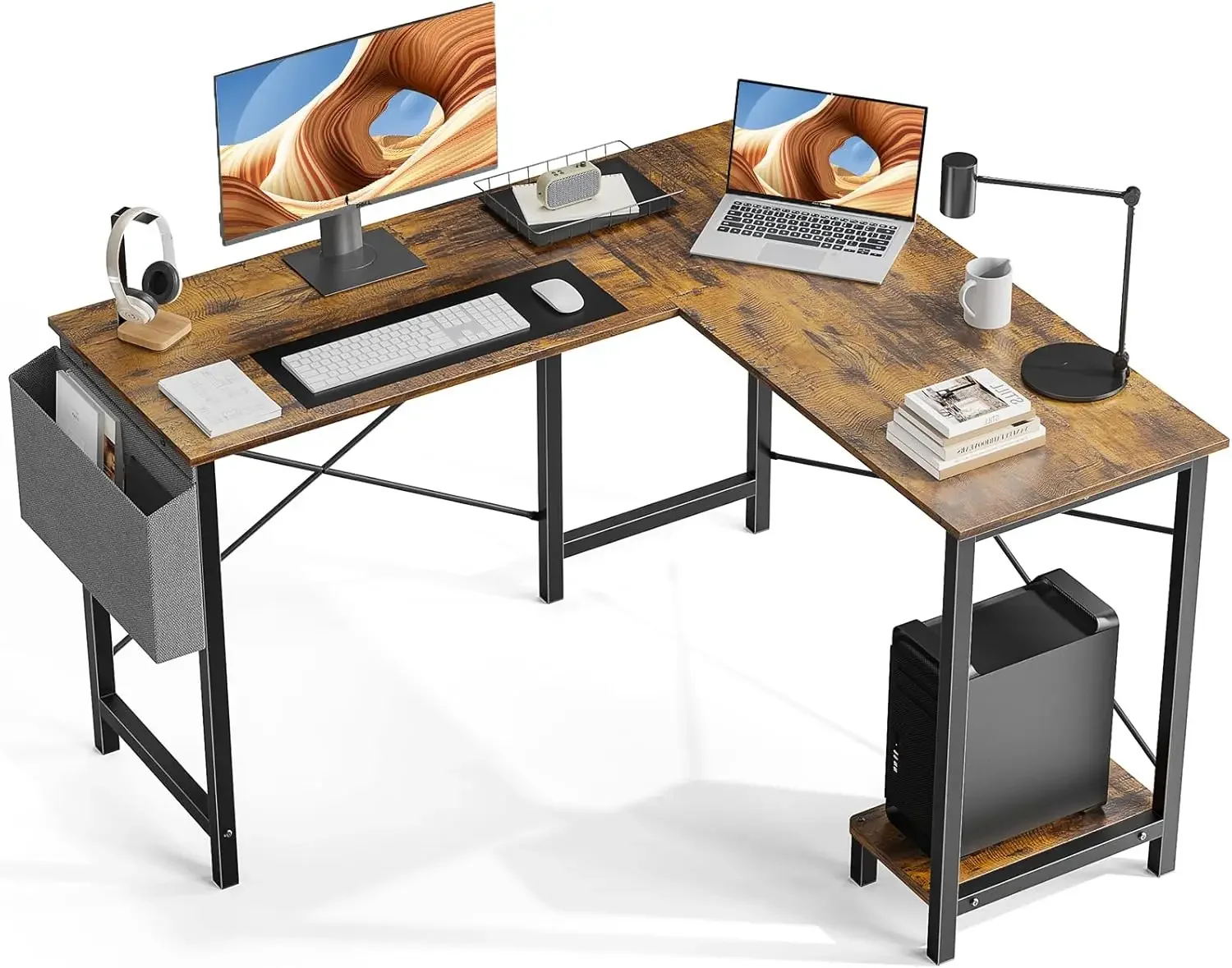 

OLIXIS L Shaped Computer Desk Gaming Corner 50 Inch Writing PC Wooden Table with CPU Storage Shelf & Side Bag for Home