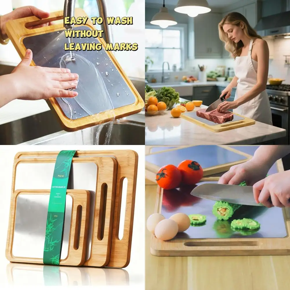 

Набор двусторонних разделочных досок из бамбука и нержавеющей стали - нескользящие, для мяса, овощей, фруктов, идеально подходят для поваров (средний размер)