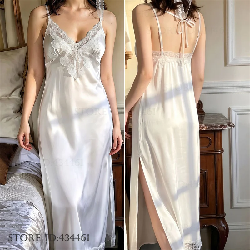 Sexy Suspender Nightgown Chemise Sleepwear Elegant White Satin Long Nightdress Home Dressing Gown Summe New Sleepwear Loungewear