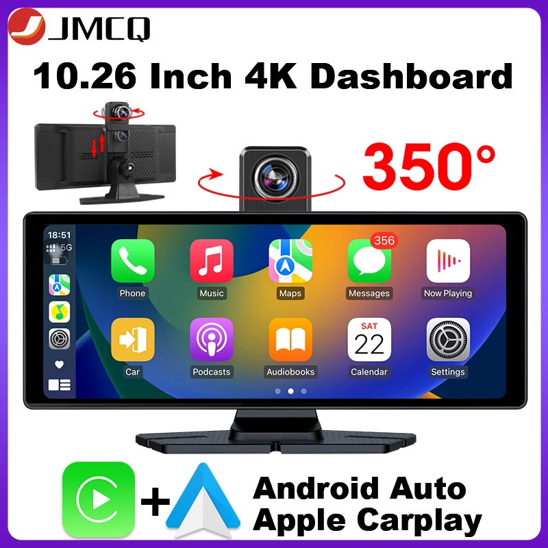 JMCQ Universal 10.26” Car DVR Wireless Carplay Android Auto 4K Front 1080P Rear Camera Dashcam GPS Navi Dashboard 24H Parking