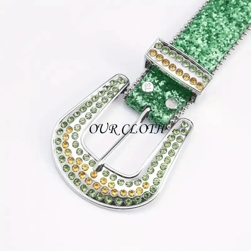

Зеленый цвет поясной ремень с блестящими стразами ремни для женщин и мужчин регулируемая пряжка поясной ремень для джинсового