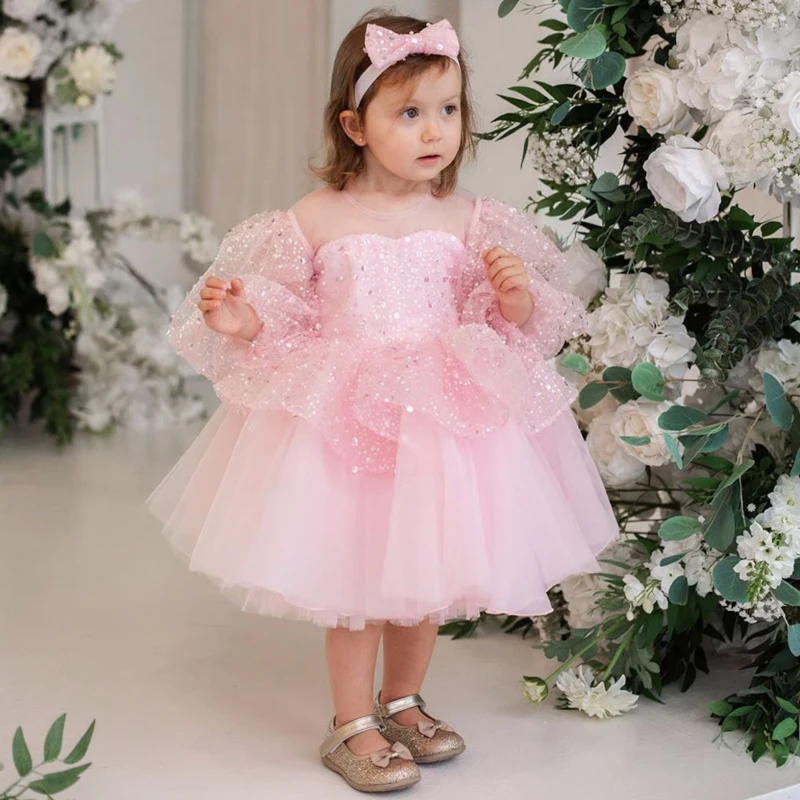 

Flower Girl Dresses Pink Tulle Puffy Sequin With Bow Long Sleeve For Wedding Birthday Party First Communion Gowns