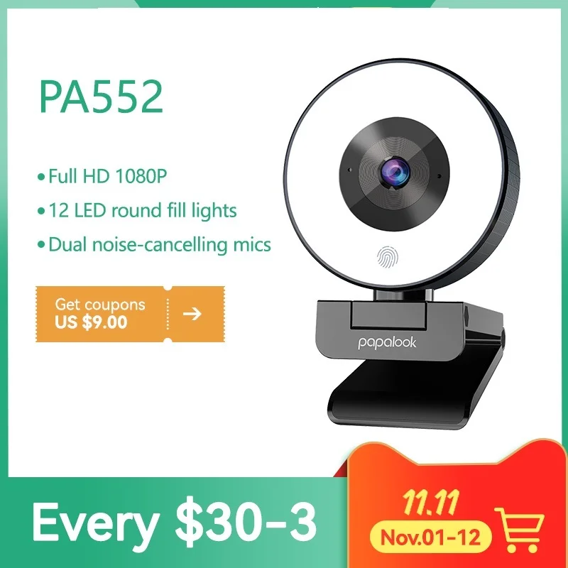 

New PA552 Webcam HD 1080P Fixed Focus USB Web Camera With Microphone Light Tripod for PC Twitch Skype OBS Streaming