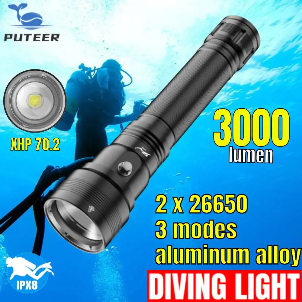 Puteer Diving Flashlight 3000lumen White Light Underwater 100m aluminum alloy Waterproof flashlight for Diving 1pc