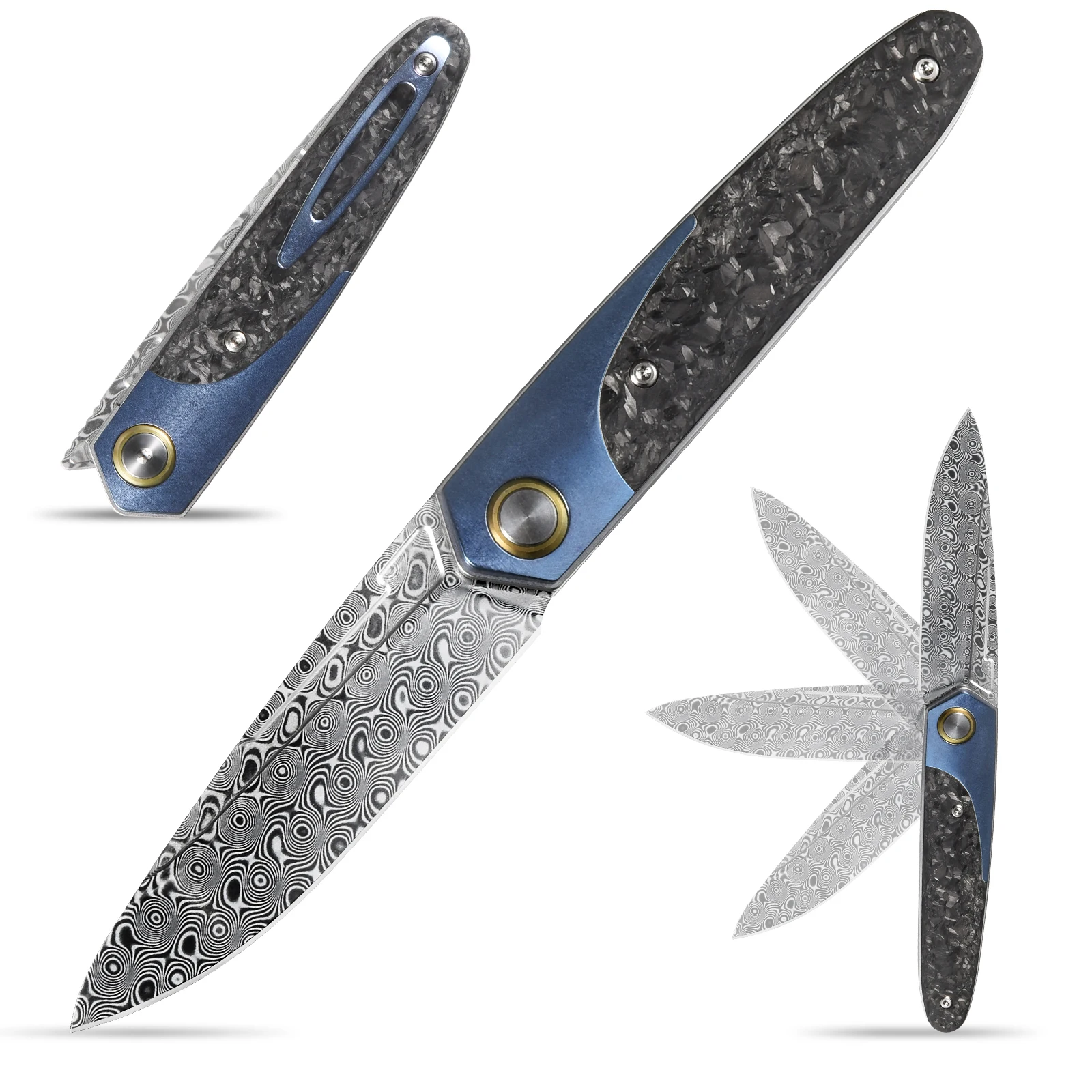 Sitivien-damascus Aço Folding Facas Rolamento de Esferas Titânio Punho de Fibra de Carbono Edc Facas para Trabalhar Camping Coleção St245